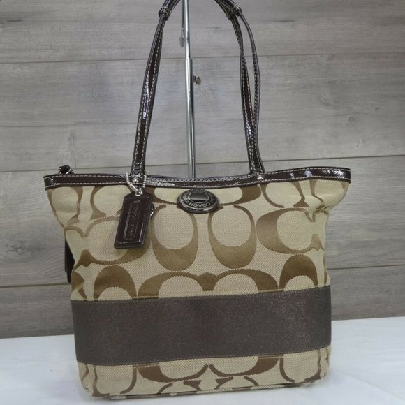 Coach Handbags - Coach F19046 Brown Canvas Leather Stripe Tote Handbag